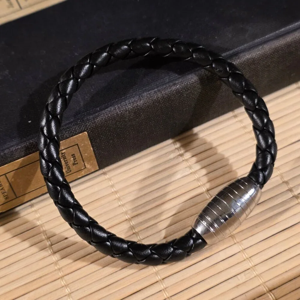 Braided Thick Black Vegan Leather Magnetic Clasp Bangle Bracelet